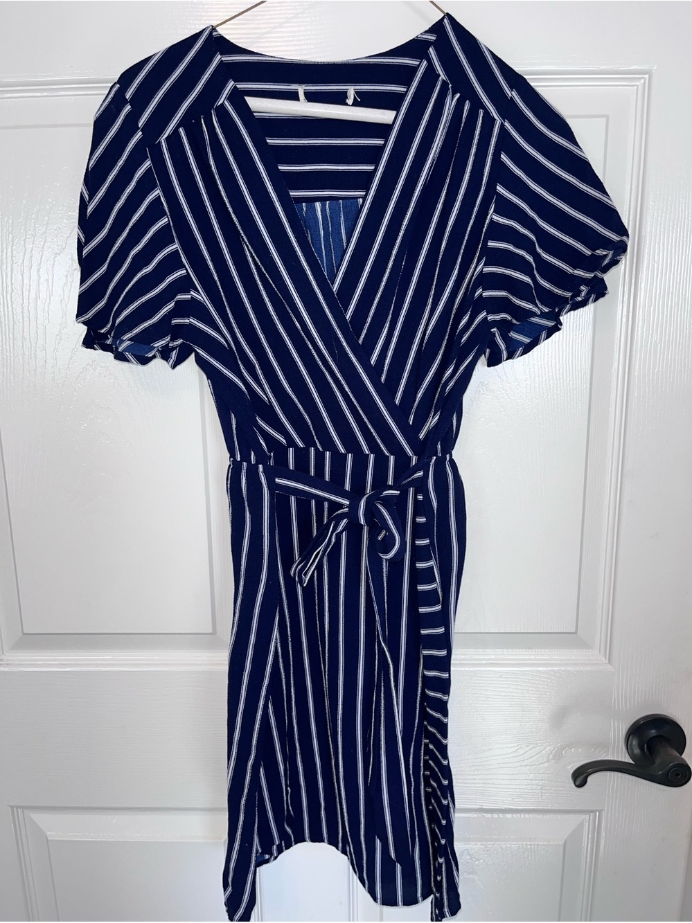 Navy Stripe Wrap Midi Dress with Tie Belt